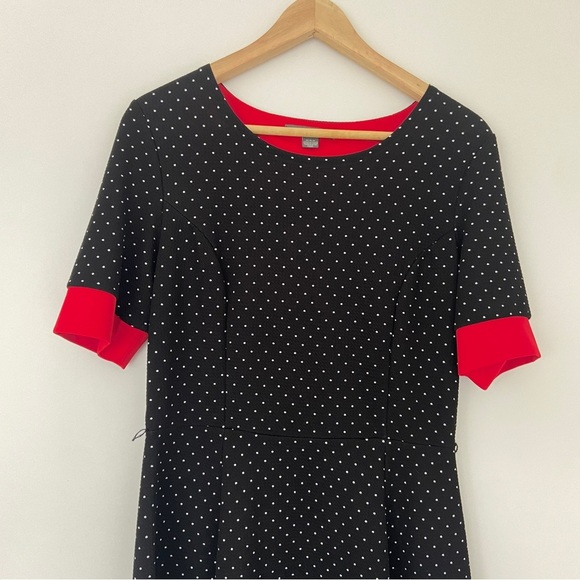 SUZY SHIER BLACK/WHITE CLASSIC POLKA DOT DRESS WITH RED ACCENTS, MEDIUM - Picture 3 of 10